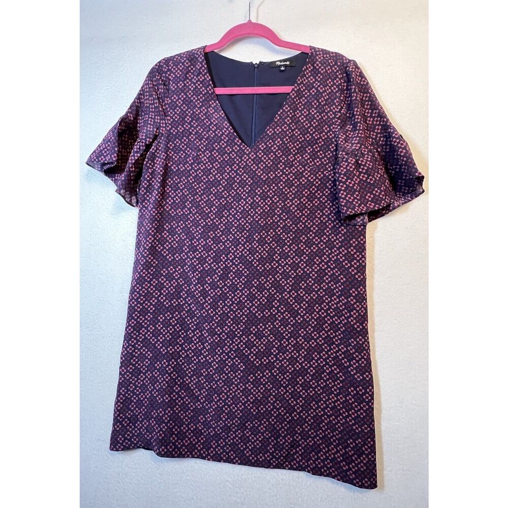 Madewell Floral Print‎ Sheath Dress Bell-Sleeve Silk Lined Size 2 Pink Purple